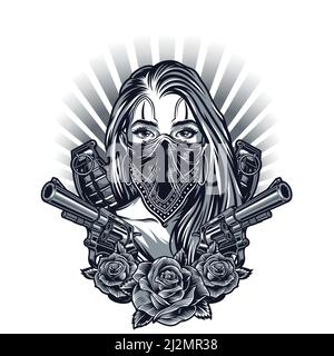 Vintage chicano tattoo concept with girl in bandana guns grenades and rose flowers isolated vector illustration Stock Vector