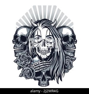 Vintage chicano style tattoo concept with horned girl in scary mask skulls skeleton hand and roses isolated vector illustration Stock Vector