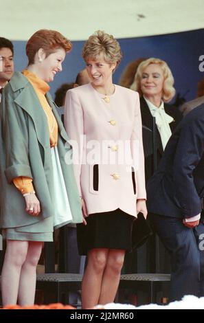 HRH The Princess of Wales, Princess Diana, and HRH The Prince of Wales, Prince Charles, on their tour of Canada.  October 1991. Diana Princess Of Wales is pictured with Brenda Eggleton, Wife Of The Mayor Of Toronto During A Civic Welcome For The Royal Couple In Nathan Phillips Square During A Royal Tour Of Canada.  Picture shows the couple in Toronto. Diana visited AIDS patients at Casey House AIDS hospice in Toronto on this day which was near the beginning of the tour.  Picture taken 25th October 1991. Stock Photo