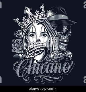 Monochrome chicano tattoo vintage concept with roses dice diamond and skeleton gangster covering mouth of beautiful girl in crown isolated vector illu Stock Vector