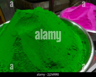 Blurred image of Abir, colorful holi powder to be used in holi or dol festival, is being sold. Howrah, West Bengal, India. Stock Photo