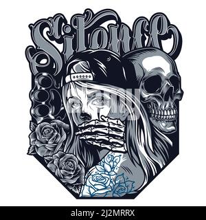 Chicano tattoo style concept with Silence inscription brass knuckles roses skeleton covering mouth of beautiful girl in baseball cap in vintage style Stock Vector