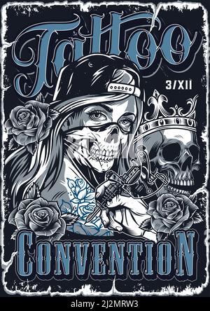 Vintage chicano poster with attractive girl in scary mask and baseball cap skull in crown roses male hand holding tattoo machine vector illustration Stock Vector