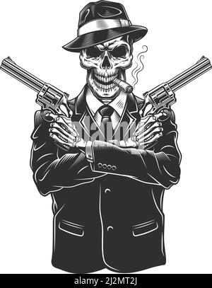 Skeleton gangster with revolvers in suit. Vector illustration Stock ...