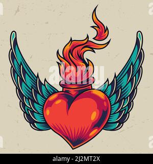 Winged fiery red heart concept in vintage style isolated vector illustration Stock Vector
