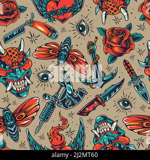 Vintage colorful tattoos seamless pattern with demon head knives straight razor butterfly roses fiery winged heart in barbed wire eye anchor tattoo ma Stock Vector