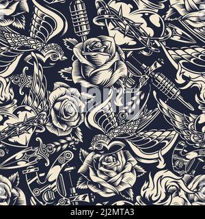 Vintage monochrome tattoos seamless pattern with beautiful roses swallow knife tattoo machine heart in barbed wire with fire vector illustration Stock Vector