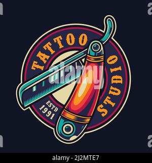 Colorful tattoo studio logotype with straight razor in vintage style isolated vector illustration Stock Vector
