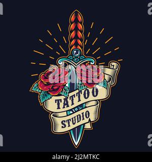 Vintage tattoo studio colorful emblem with elegant dagger roses ribbon and sunbursts isolated vector illustration Stock Vector