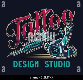 Vintage tattoo studio colorful print with professional tattoo machine on dark background isolated vector illustration Stock Vector