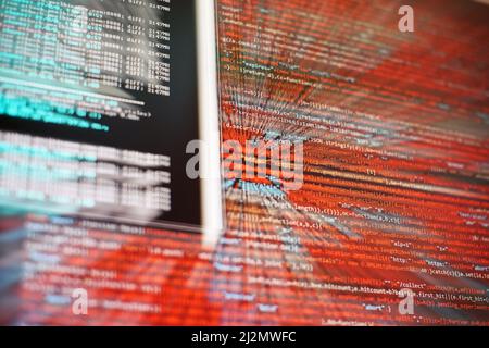 Desktop PC monitor photo. Javascript functions, variables, objects. Project managers work new idea. Future technology creation process. Stock Photo