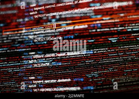 Desktop PC monitor photo. Javascript functions, variables, objects. Project managers work new idea. Future technology creation process. Stock Photo