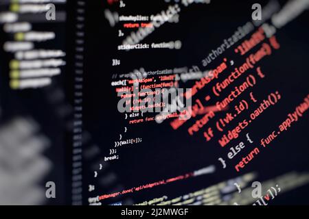 Desktop PC monitor photo. Javascript functions, variables, objects. Project managers work new idea. Future technology creation process. Stock Photo