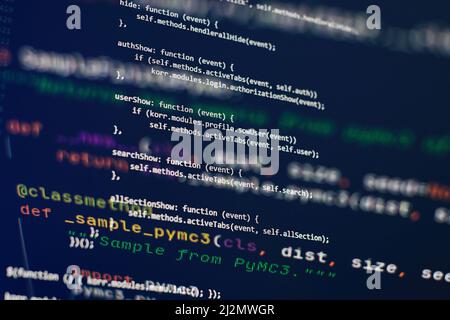 Desktop PC monitor photo. Javascript functions, variables, objects. Project managers work new idea. Future technology creation process. Stock Photo