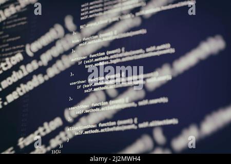 Desktop PC monitor photo. Javascript functions, variables, objects. Project managers work new idea. Future technology creation process. Stock Photo