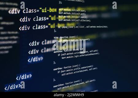 Desktop PC monitor photo. Javascript functions, variables, objects. Project managers work new idea. Future technology creation process. Stock Photo