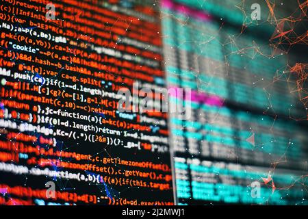 Desktop PC monitor photo. Javascript functions, variables, objects. Project managers work new idea. Future technology creation process. Stock Photo