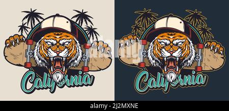 Vintage skateboarding colorful emblem with cruel aggressive tiger head in baseball cap skate board and palm trees isolated vector illustration Stock Vector