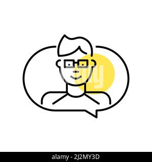 Teenager boy in t-shirt and glasses messaging. Pixel perfect, editable stroke minimal line icon Stock Vector