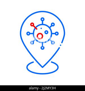 Covid 19 molecule on a map pointer. Vaccination or test location. Pixel perfect, editable stroke icon Stock Vector