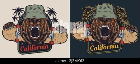Vintage skateboarding colorful print with aggressive bear head in panama hat California inscription palm trees and skateboard isolated vector illustra Stock Vector