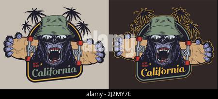 Colorful skateboarding vintage label with ferocious gorilla head in panama hat and sunglasses palm trees and animal claws holding skateboard isolated Stock Vector