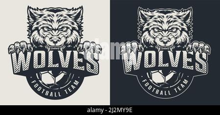 Vintage football team monochrome logo with angry wolf and soccer ball isolated vector illustration Stock Vector