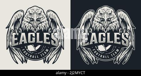 Football team vintage logo with aggressive eagle mascot and soccer ball in monochrome style isolated vector illustration Stock Vector