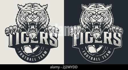 Vintage football team logotype with aggressive tiger mascot and soccer ball in monochrome style isolated vector illustration Stock Vector