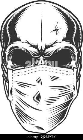 Skull in the medical mask. Vintage vector illustration Stock Vector