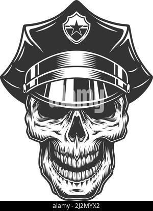 Skull in the policeman hat. Vector vintage illustration Stock Vector