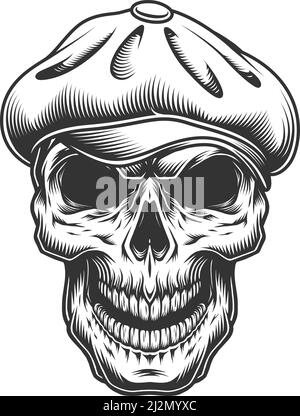 Skull in the tweed hat. vector vintage illustration Stock Vector