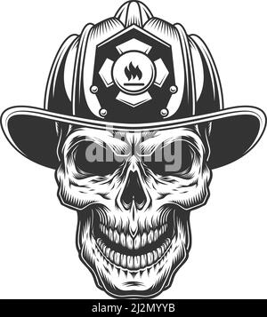 Skull in the firefighter helmet. Vector vintage illustration Stock Vector