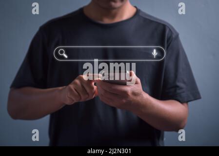 Technology Search Engine for Optimization Data Analysis Searching. Man's Hands Using Mobile Phone for Search Information on Device Online Network Syst Stock Photo