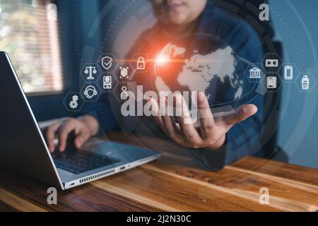 Technology Internet Banking, Digital Transaction Network Concept. Business Woman Accessing Online Banking for Digital Financial Transaction on Technol Stock Photo