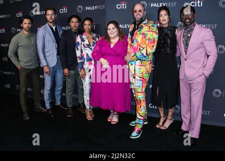 HOLLYWOOD, LOS ANGELES, CALIFORNIA, USA - APRIL 02: Milo Ventimiglia, Justin Hartley, Jon Huertas, Susan Kelechi Watson, Chrissy Metz, Chris Sullivan, Mandy Moore and Sterling K. Brown arrive at the 2022 PaleyFest LA - NBC's 'This Is Us' held at the Dolby Theatre on April 2, 2022 in Hollywood, Los Angeles, California, United States. (Photo by Xavier Collin/Image Press Agency/Sipa USA) Stock Photo