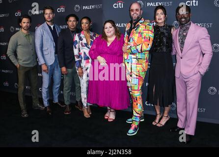 HOLLYWOOD, LOS ANGELES, CALIFORNIA, USA - APRIL 02: Milo Ventimiglia, Justin Hartley, Jon Huertas, Susan Kelechi Watson, Chrissy Metz, Chris Sullivan, Mandy Moore and Sterling K. Brown arrive at the 2022 PaleyFest LA - NBC's 'This Is Us' held at the Dolby Theatre on April 2, 2022 in Hollywood, Los Angeles, California, United States. (Photo by Xavier Collin/Image Press Agency/Sipa USA) Stock Photo