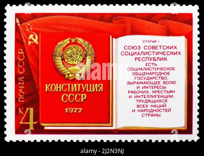 MOSCOW, RUSSIA - MARCH 13, 2022: Postage stamp printed in Soviet Union shows New Constitution of USSR, serie, circa 1977 Stock Photo