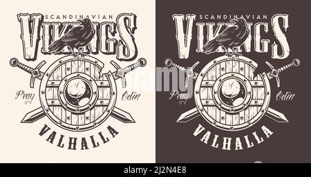 Raven seat on cracked shield t-shirt print illustration. Vector illustration Stock Vector