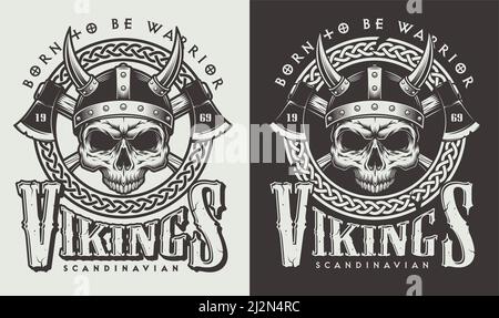 T-shirt print with viking head in vintage style. Vector illustration Stock Vector