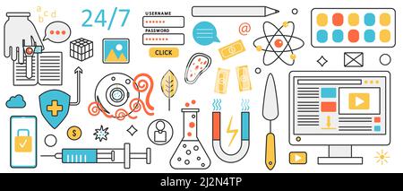 Business development and scientific technology. Abstract education, data research analysis and protection, communication with call center service in infographic concept banner, thin line art design Stock Vector