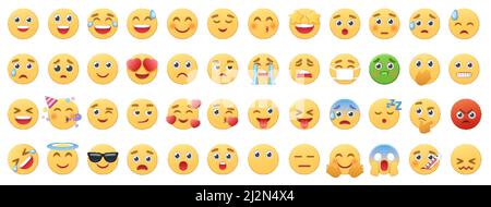 Emoji icons set vector illustration. Cartoon collection of funny yellow faces emoticons with different expressions, comic smiley clipart for online chat messages, social media isolated on white Stock Vector