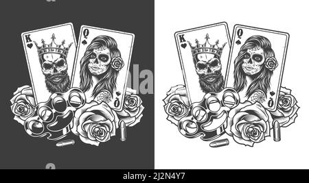 Gangsta concept with playing card, roses and knuckles. Vector illustration Stock Vector