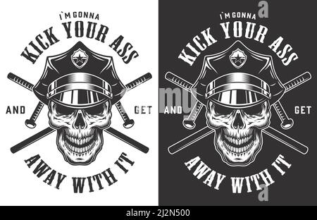 Vintage police monochrome labels with crossed batons and skull in policeman hat isolated vector illustration Stock Vector