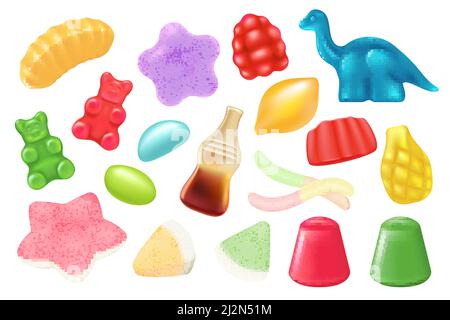 Gummy jelly candy set vector illustration. 3d cute sweet characters, colorful bears and cola bottle, funny marmalade worm, chewy sugar animal or fruit collection for children isolated on white Stock Vector