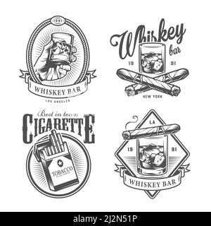 Vintage monochrome gentleman club labels with hand holding glass of whiskey crossed cuban cigars pack of cigarettes isolated vector illustration Stock Vector
