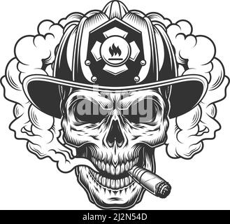 Skull in smoke cloud and firefighter helmet. Vector illustration Stock Vector