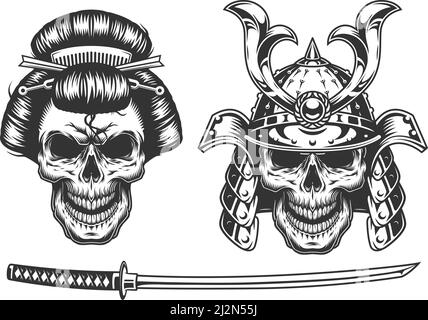 Geisha and samurai concept with skull. Vector illustraiton Stock Vector