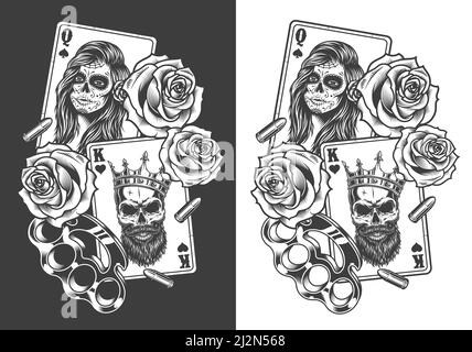 Gangsta concept with playing card, roses and knuckles. Vector illustration Stock Vector