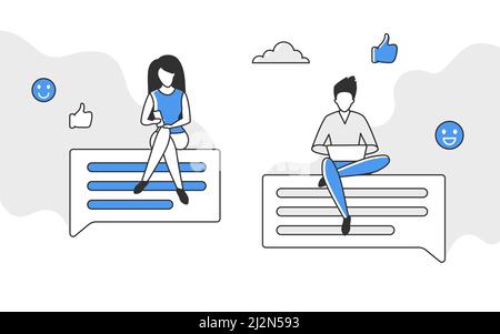 Friends sitting on chatting message bubble. Internet communication online network vector monocolor illustration Stock Vector